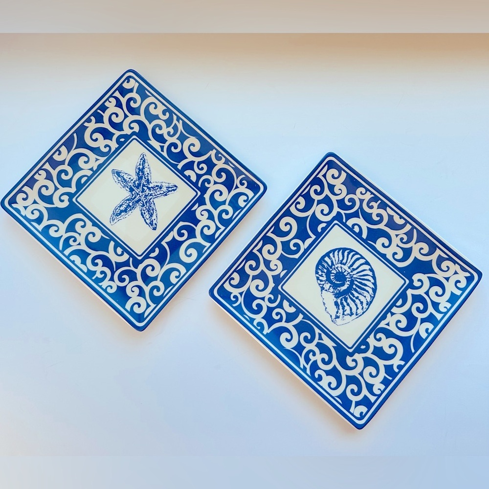 8” Square Plates Set of 2 Blue and White Shells & Scrolls Starfish & Nautilus